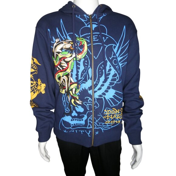 Ed Hardy Men's Panther‎ Bulldog Midnight Blue Hoodie Sizes L & XL - Picture 10 of 16